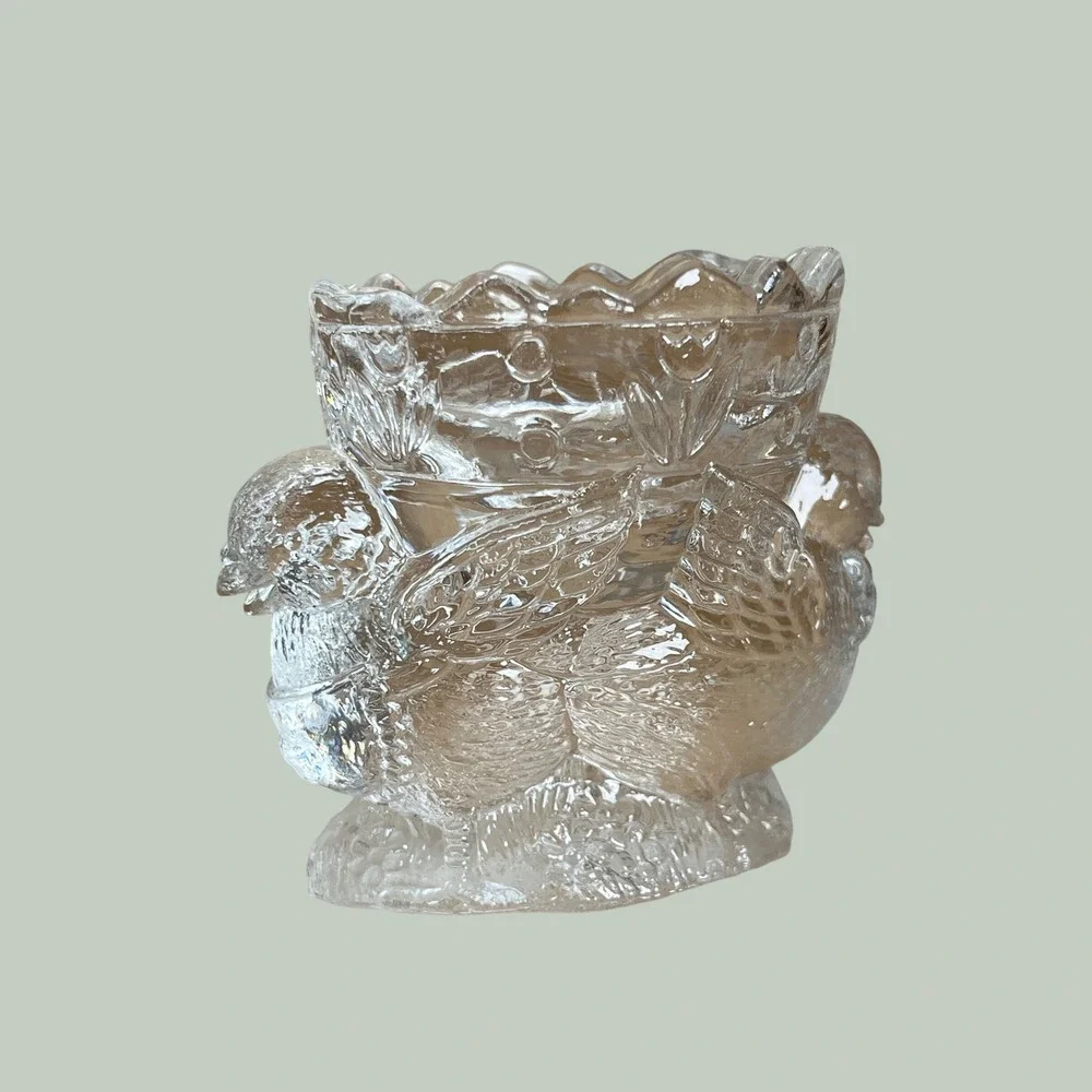 Vintage Pressed Clear Glass Figural Chick Egg Cup Double Bird Holder Scalloped